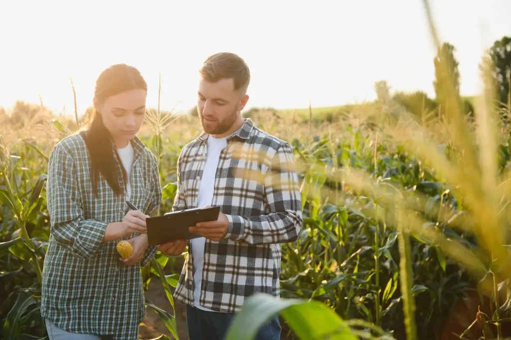 irrigation corn. two farmers work in field with corn. agriculture irrigation concept.